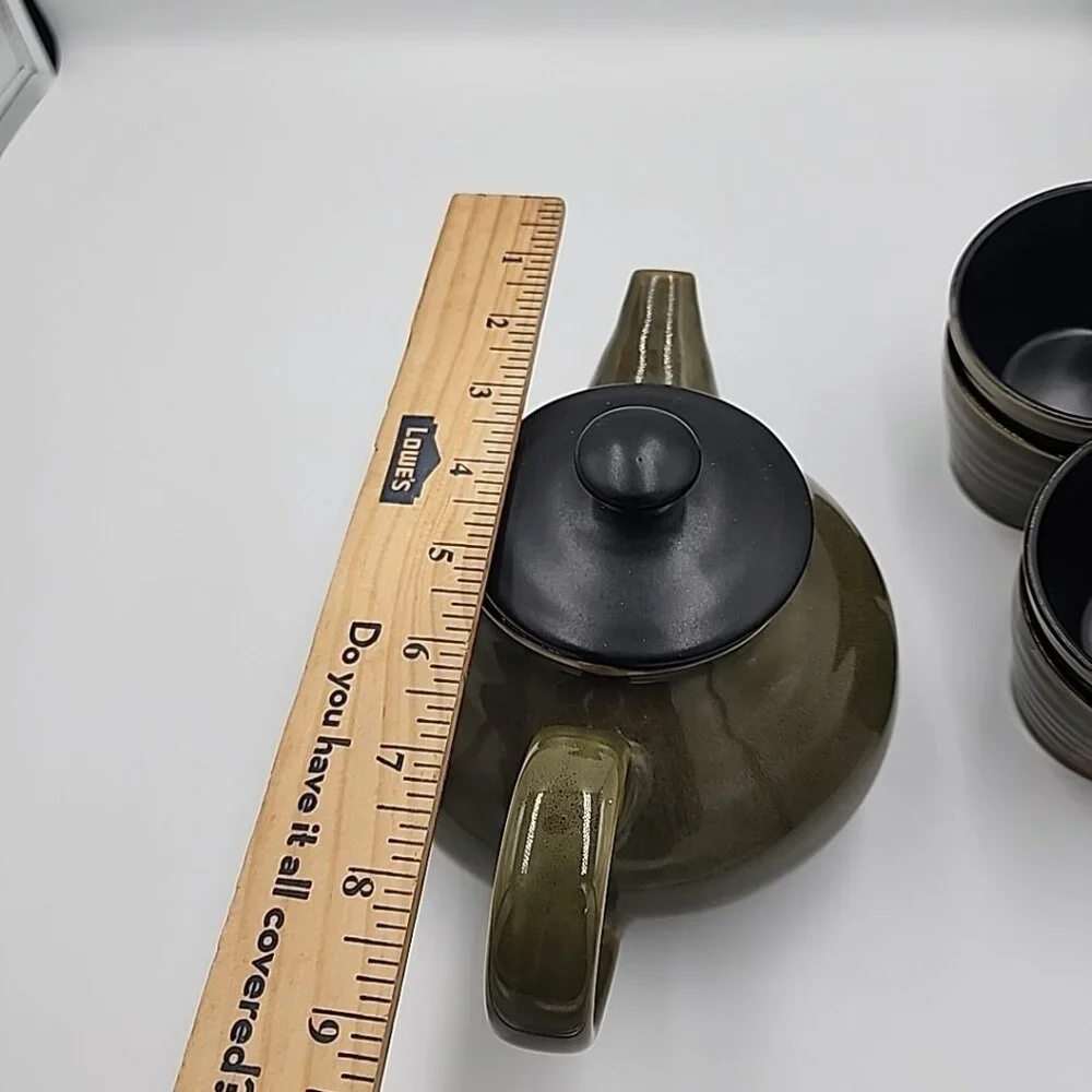 Pier 1 Dakara Hand-Painted Stoneware Tea pot Cups Set Of 4 Green Beige
